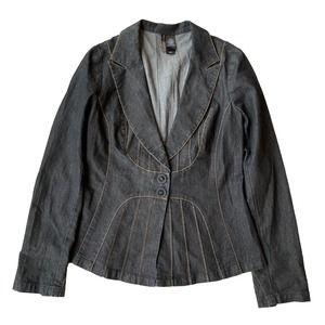 Bisou Bisou Blazer Sz Small Dark Wash Stretch Denim Jacket 2 Buttons Casual Work